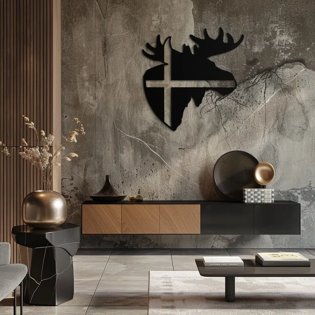 Nordic Moose Silhouette Metal Wall Art – Scandinavian Elk Head with Cross Decor for Modern Rustic Interiors- KAF415 by Enova Art