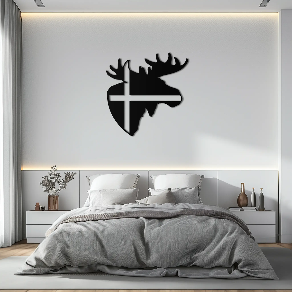 Nordic Moose Silhouette Metal Wall Art – Scandinavian Elk Head with Cross Decor for Modern Rustic Interiors- KAF415 by Enova Art