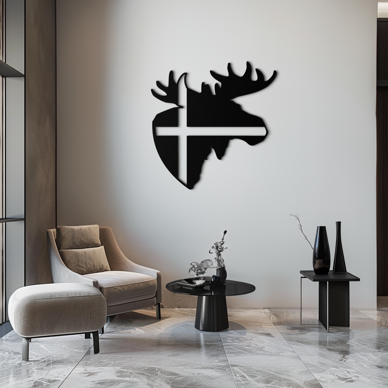 Nordic Moose Silhouette Metal Wall Art – Scandinavian Elk Head with Cross Decor for Modern Rustic Interiors- KAF415 by Enova Art
