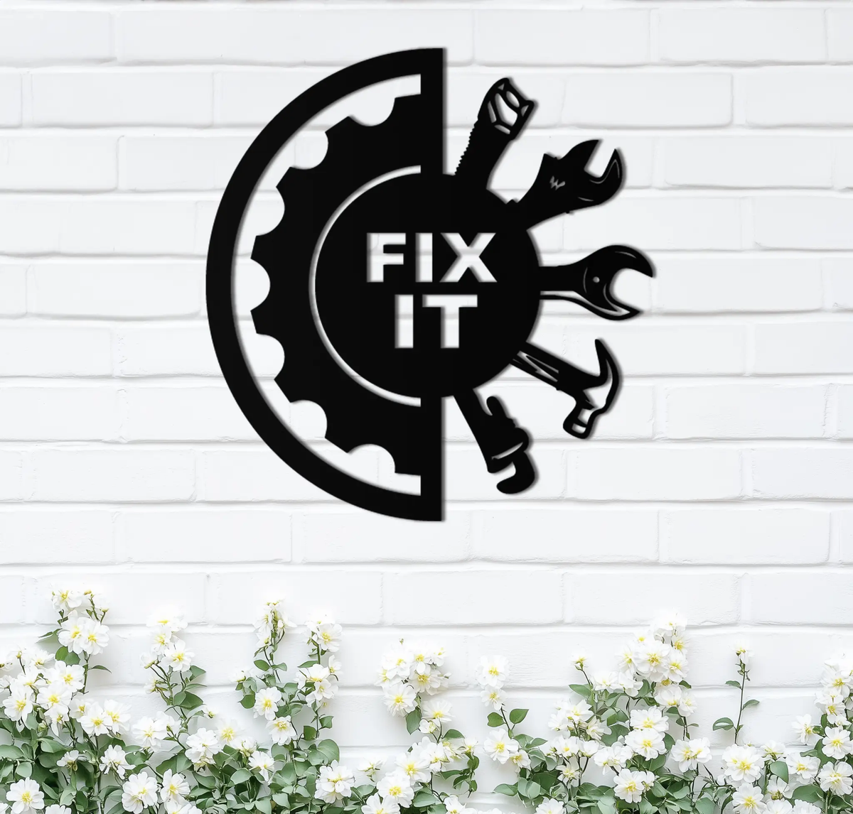 Fix It Tools Metal Wall Art – Industrial Gear & Hand Tools Silhouette Black Steel Decor for Garage or Workshop- KAF419 by Enova Art