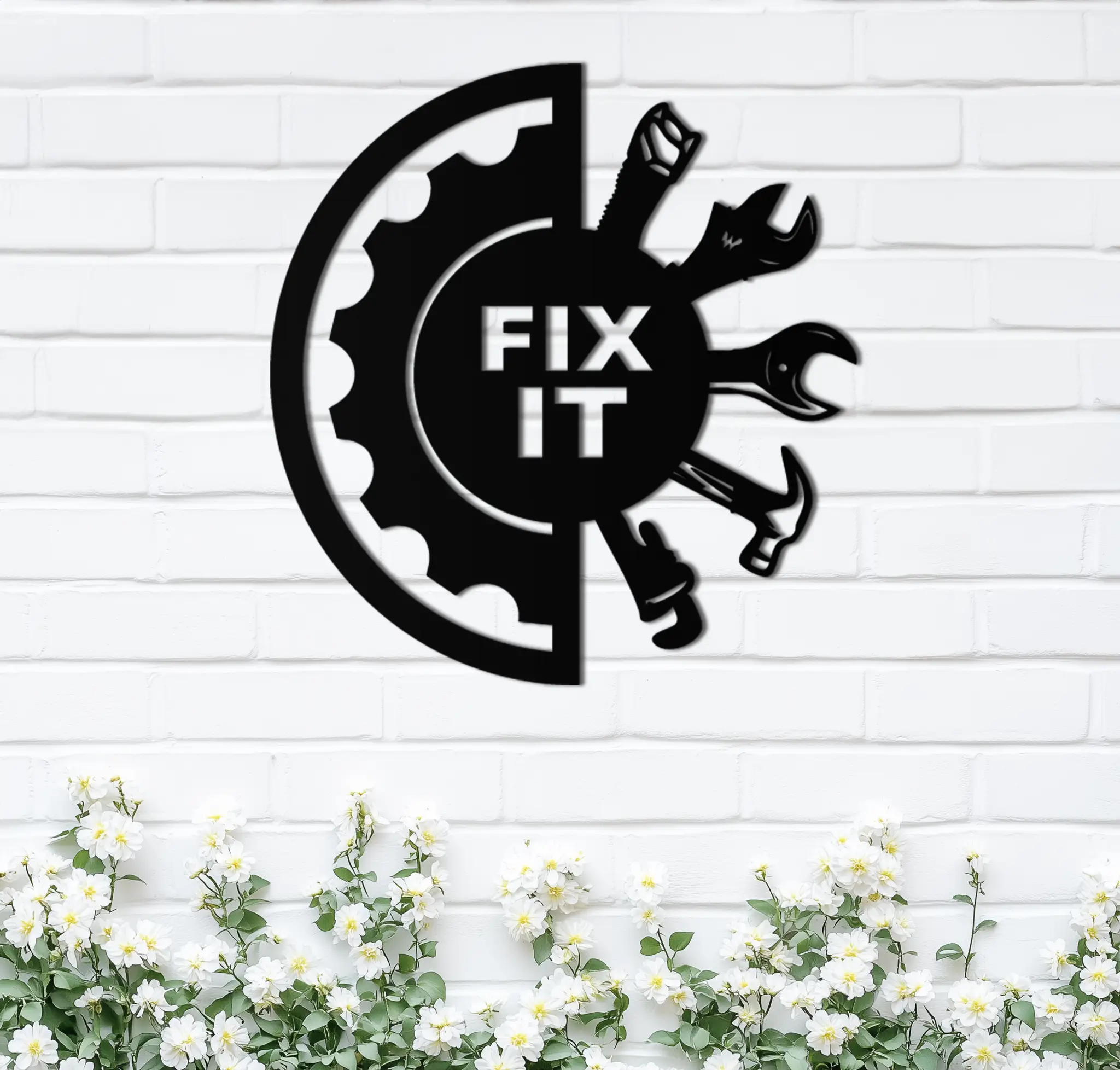 Fix It Tools Metal Wall Art – Industrial Gear & Hand Tools Silhouette Black Steel Decor for Garage or Workshop- KAF419 by Enova Art