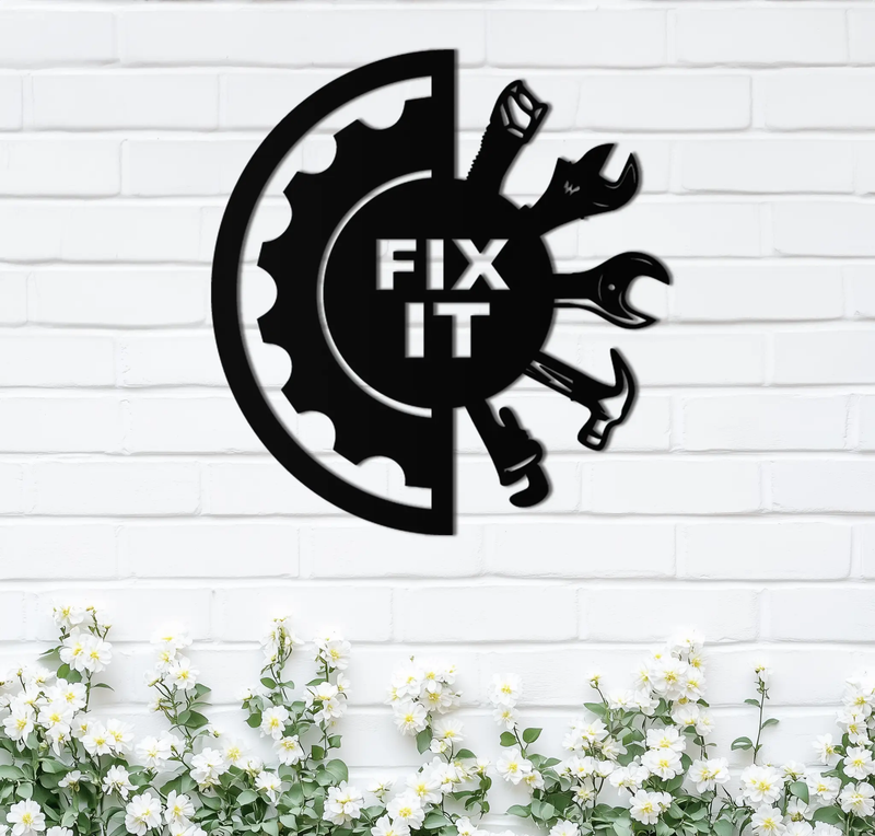 Fix It Tools Metal Wall Art – Industrial Gear & Hand Tools Silhouette Black Steel Decor for Garage or Workshop- KAF419 by Enova Art