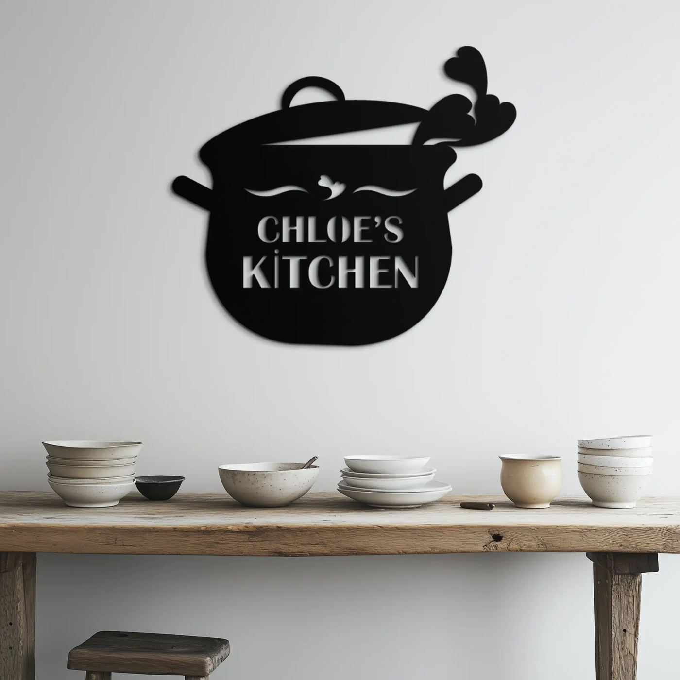 Cute Smiling Cooking Pot Metal Wall Art – Playful Kitchen Steel Decor with Heart Steam for Home and Café Interiors- KAF420 by Enova Art