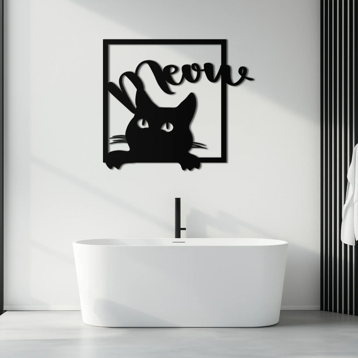 Cute Peeking Cat "Meow" Metal Wall Art – Playful Black Cat Silhouette Steel Decor for Pet Lovers and Home Interiors- KAF425 by Enova Art