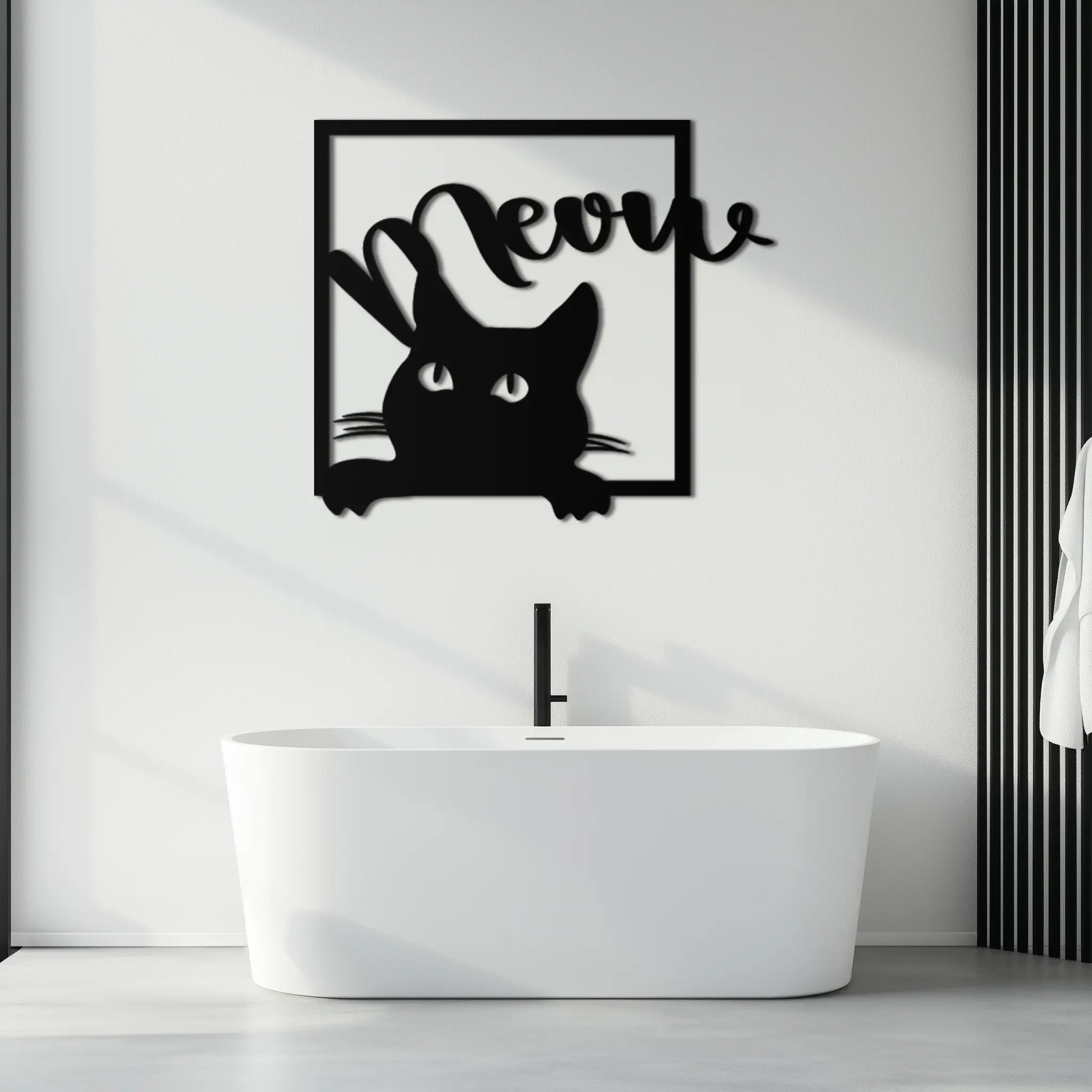 Cute Peeking Cat "Meow" Metal Wall Art – Playful Black Cat Silhouette Steel Decor for Pet Lovers and Home Interiors- KAF425 by Enova Art