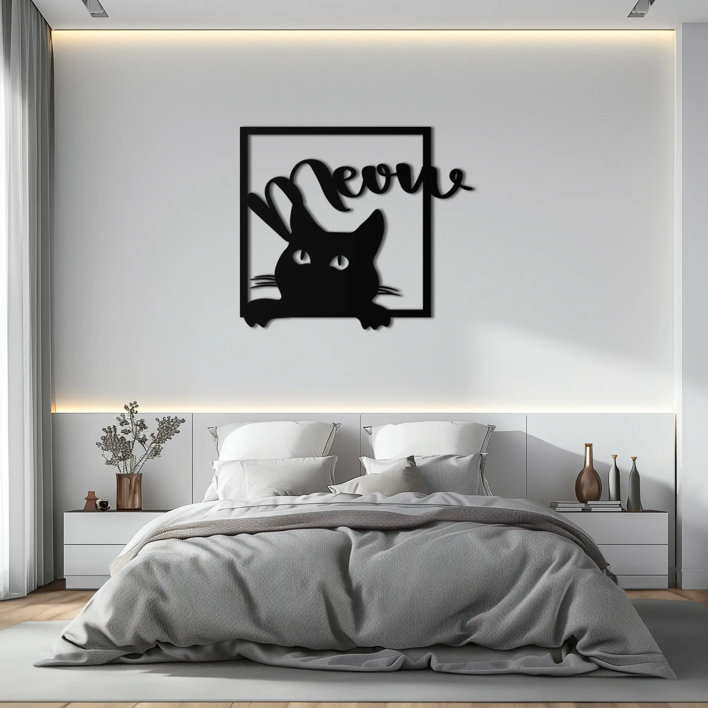Cute Peeking Cat "Meow" Metal Wall Art – Playful Black Cat Silhouette Steel Decor for Pet Lovers and Home Interiors- KAF425 by Enova Art