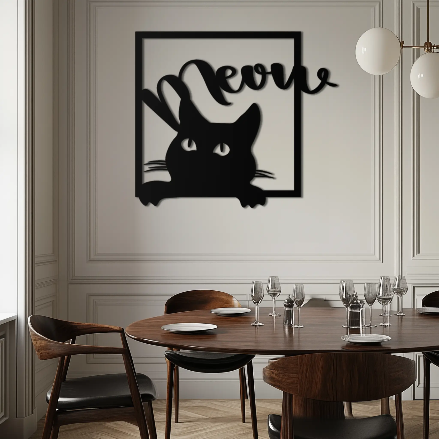 Cute Peeking Cat "Meow" Metal Wall Art – Playful Black Cat Silhouette Steel Decor for Pet Lovers and Home Interiors- KAF425 by Enova Art
