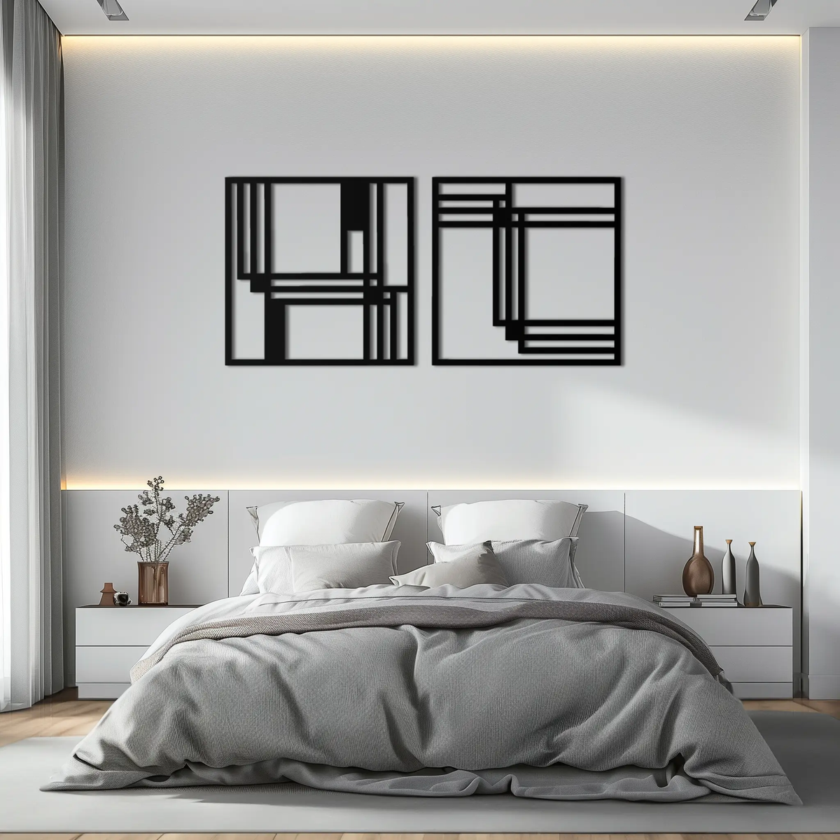 Modern Abstract Rectangles Metal Wall Art – Geometric Minimalist Black Steel Decor, 2 Panel Set for Contemporary Interiors- KAF433 by Enova Art