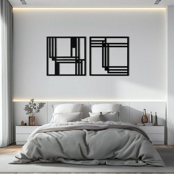 Modern Abstract Rectangles Metal Wall Art – Geometric Minimalist Black Steel Decor, 2 Panel Set for Contemporary Interiors- KAF433