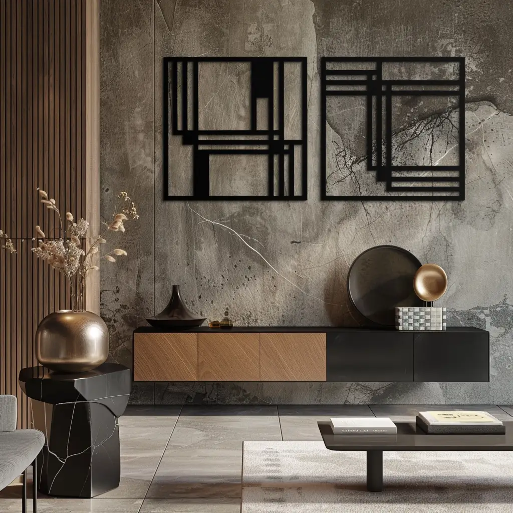 Modern Abstract Rectangles Metal Wall Art – Geometric Minimalist Black Steel Decor, 2 Panel Set for Contemporary Interiors- KAF433 by Enova Art