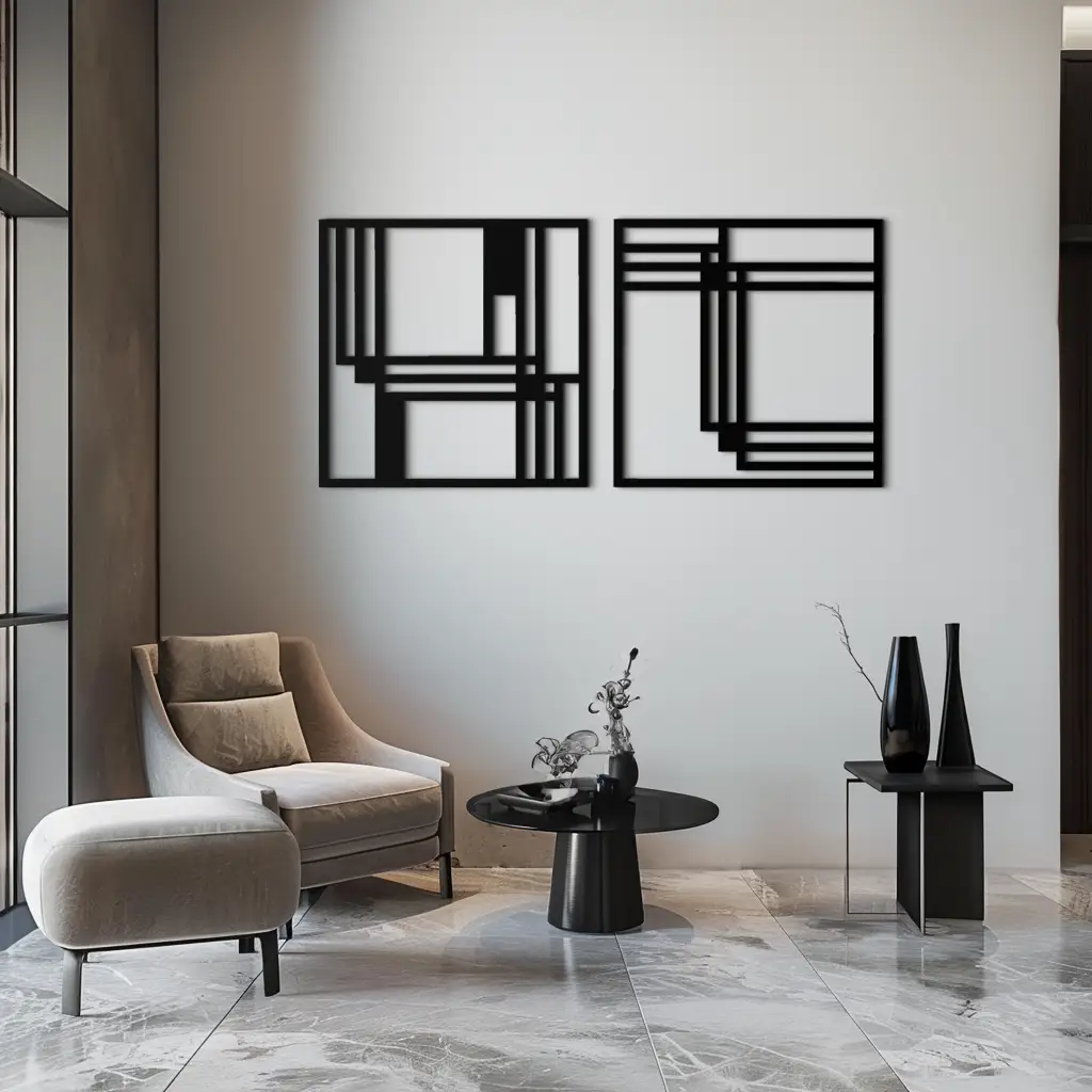 Modern Abstract Rectangles Metal Wall Art – Geometric Minimalist Black Steel Decor, 2 Panel Set for Contemporary Interiors- KAF433 by Enova Art