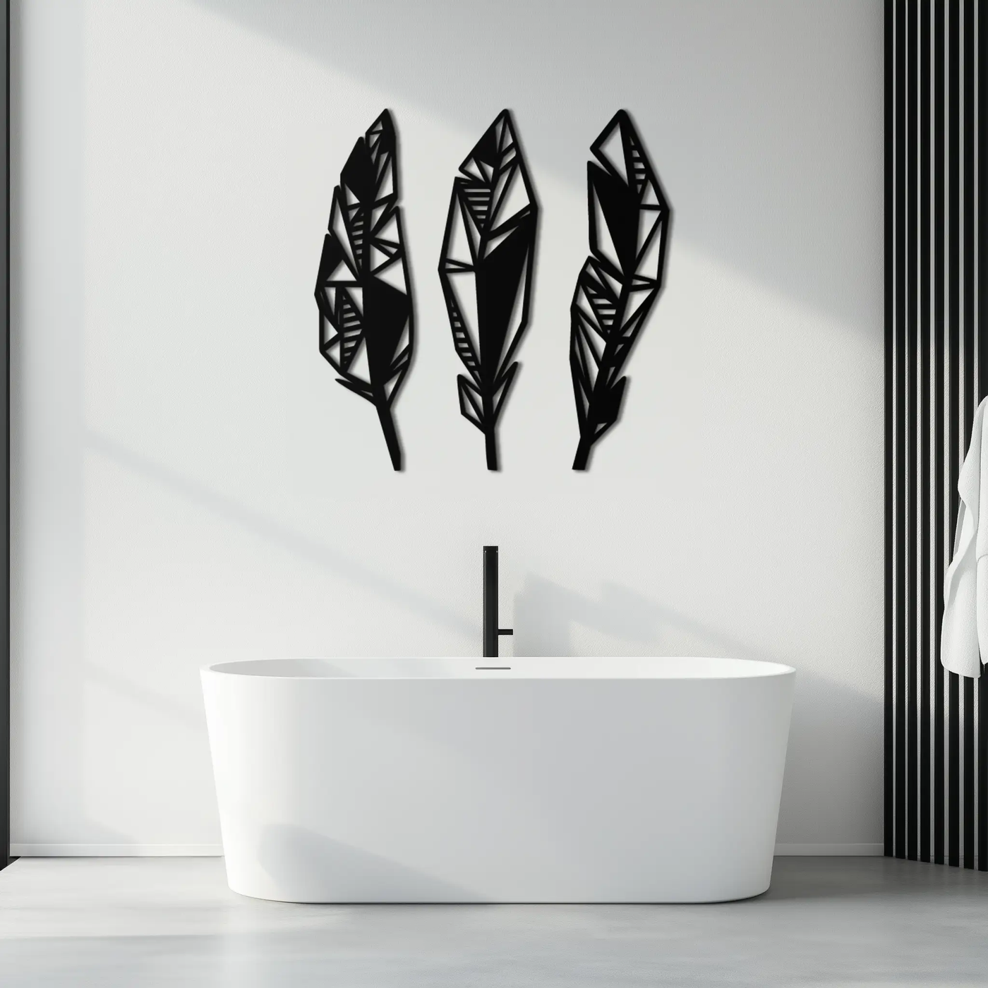 Geometric Feather Trio Metal Wall Art – Abstract Minimalist Black Steel Feather Set for Modern Bohemian Interiors- KAF434 by Enova Art