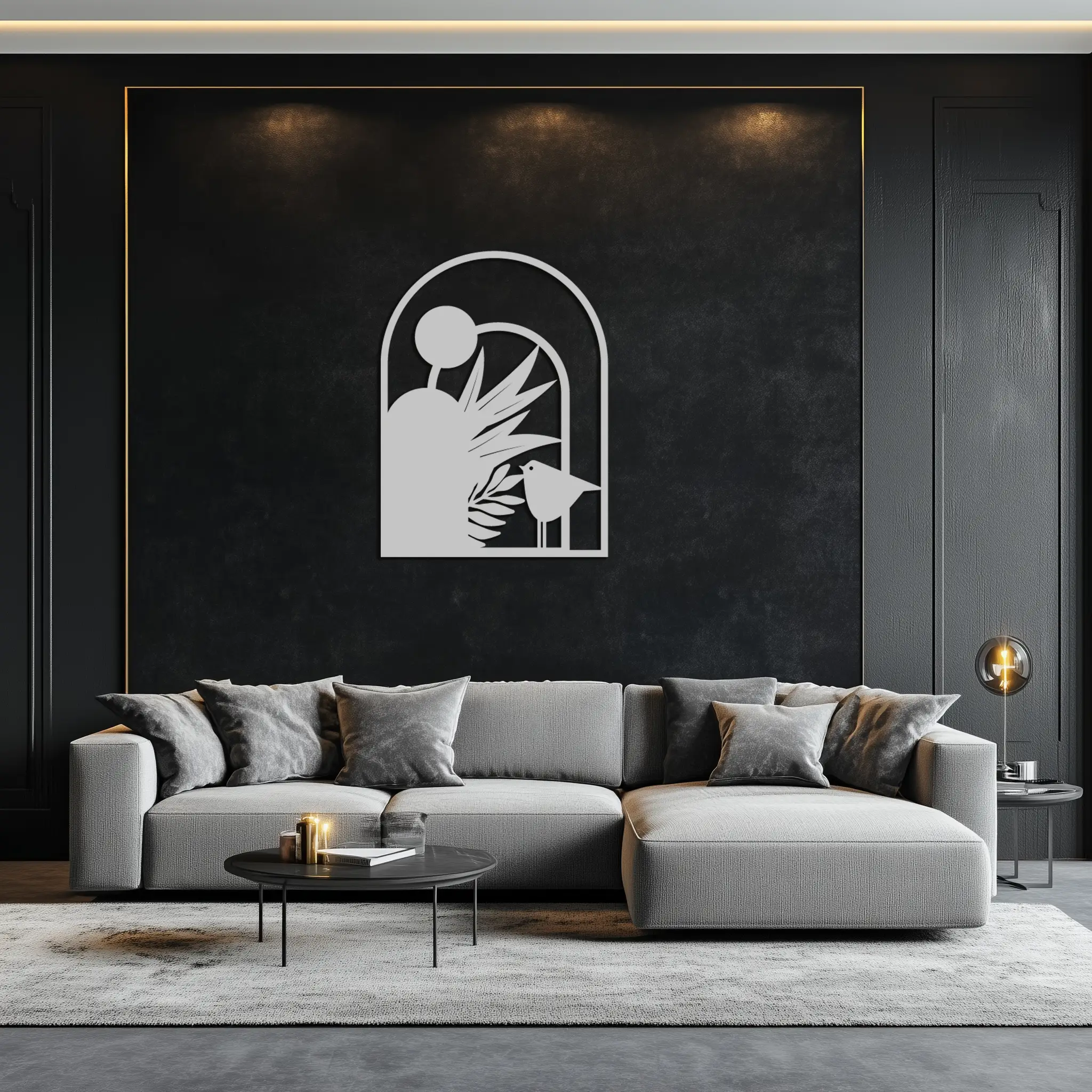 Modern Archway with Bird & Plants Metal Wall Art – Abstract Nature-Inspired Black Steel Decor for Contemporary Interiors- KAF438 by Enova Art