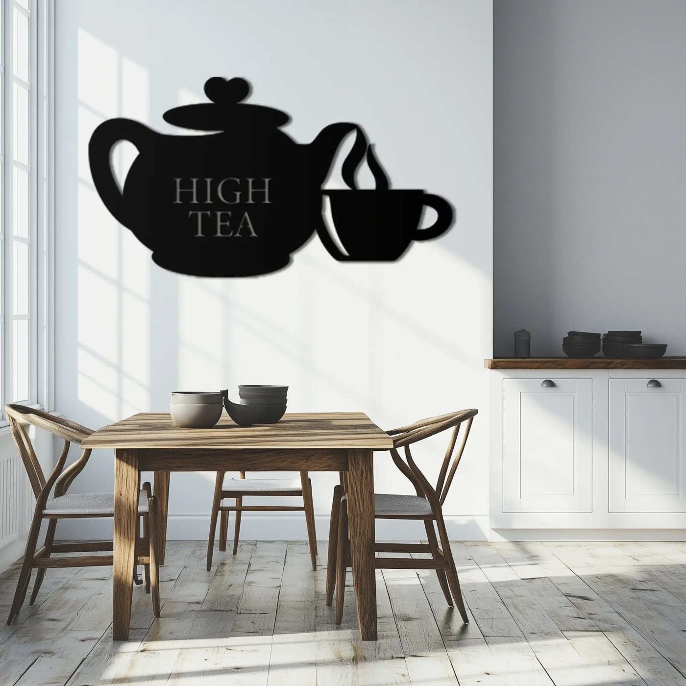 High Tea Teapot & Cup Metal Wall Art – Elegant Black Steel Tea-Time Decor for Kitchen, Café, and Dining Spaces- KAF440 by Enova Art