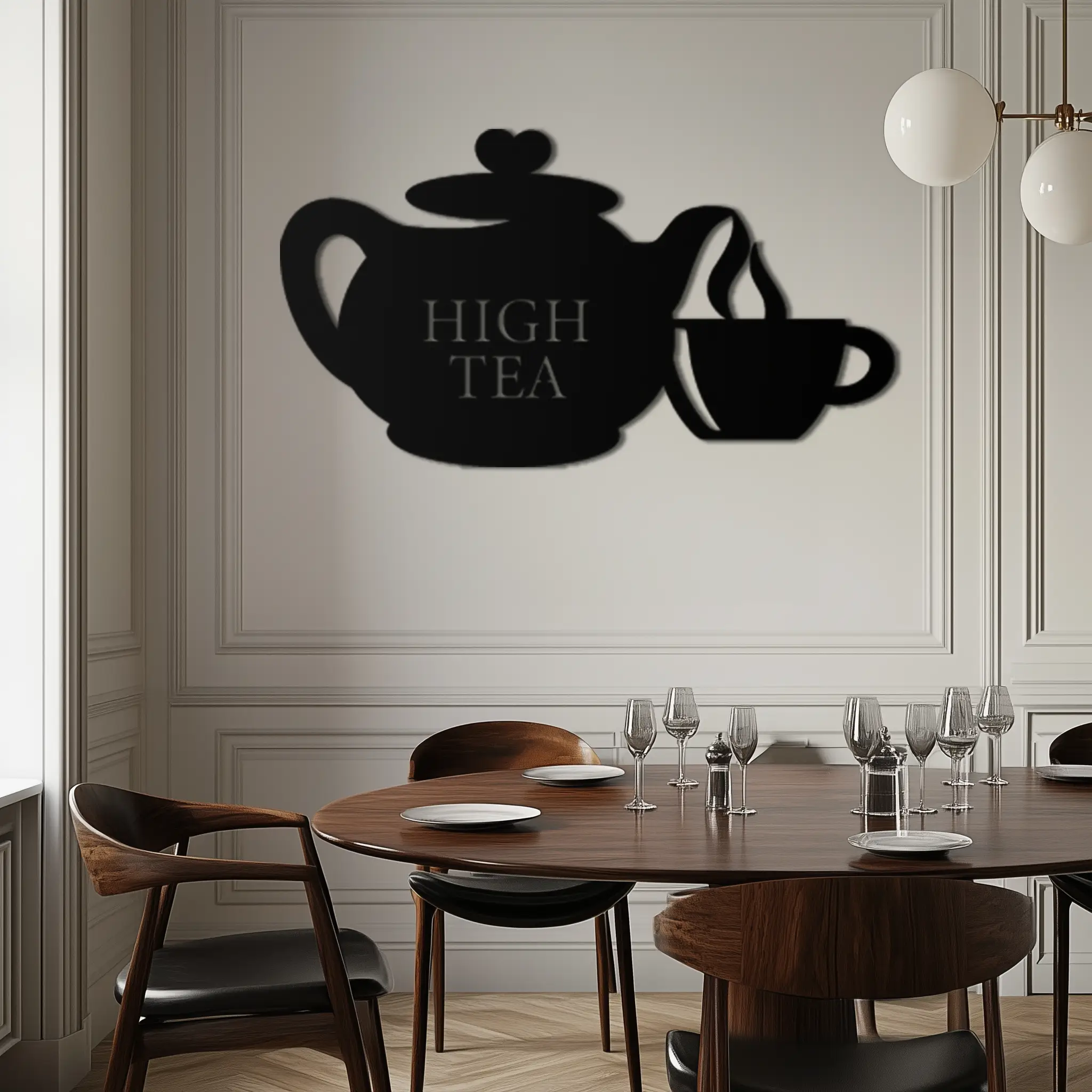 High Tea Teapot & Cup Metal Wall Art – Elegant Black Steel Tea-Time Decor for Kitchen, Café, and Dining Spaces- KAF440 by Enova Art