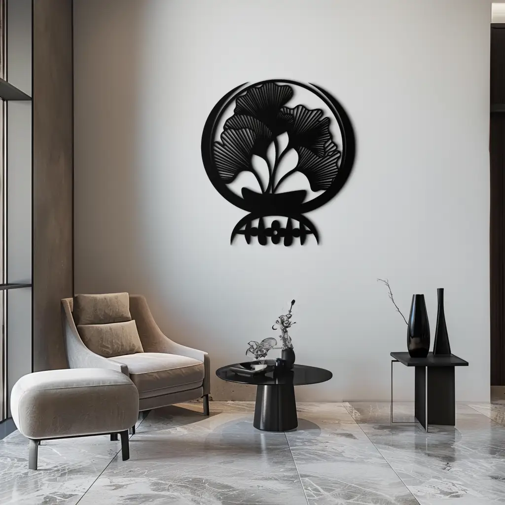 Ginkgo Leaves Abstract Metal Wall Art – Elegant Nature-Inspired Black Steel Decor for Modern Home Interiors- KAF441 by Enova Art