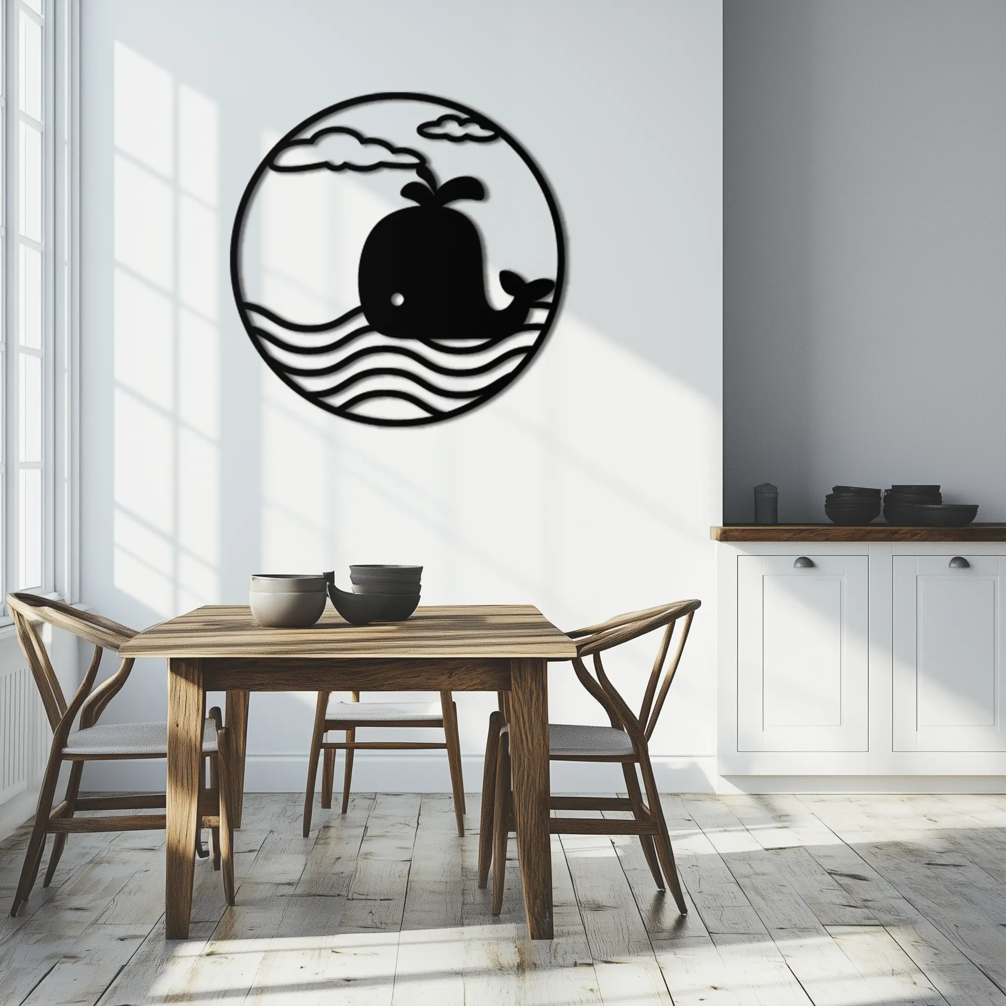 Cute Whale Ocean Scene Metal Wall Art – Playful Circular Black Steel Decor for Kids Rooms, Nurseries, and Coastal Interiors- KAF443 by Enova Art