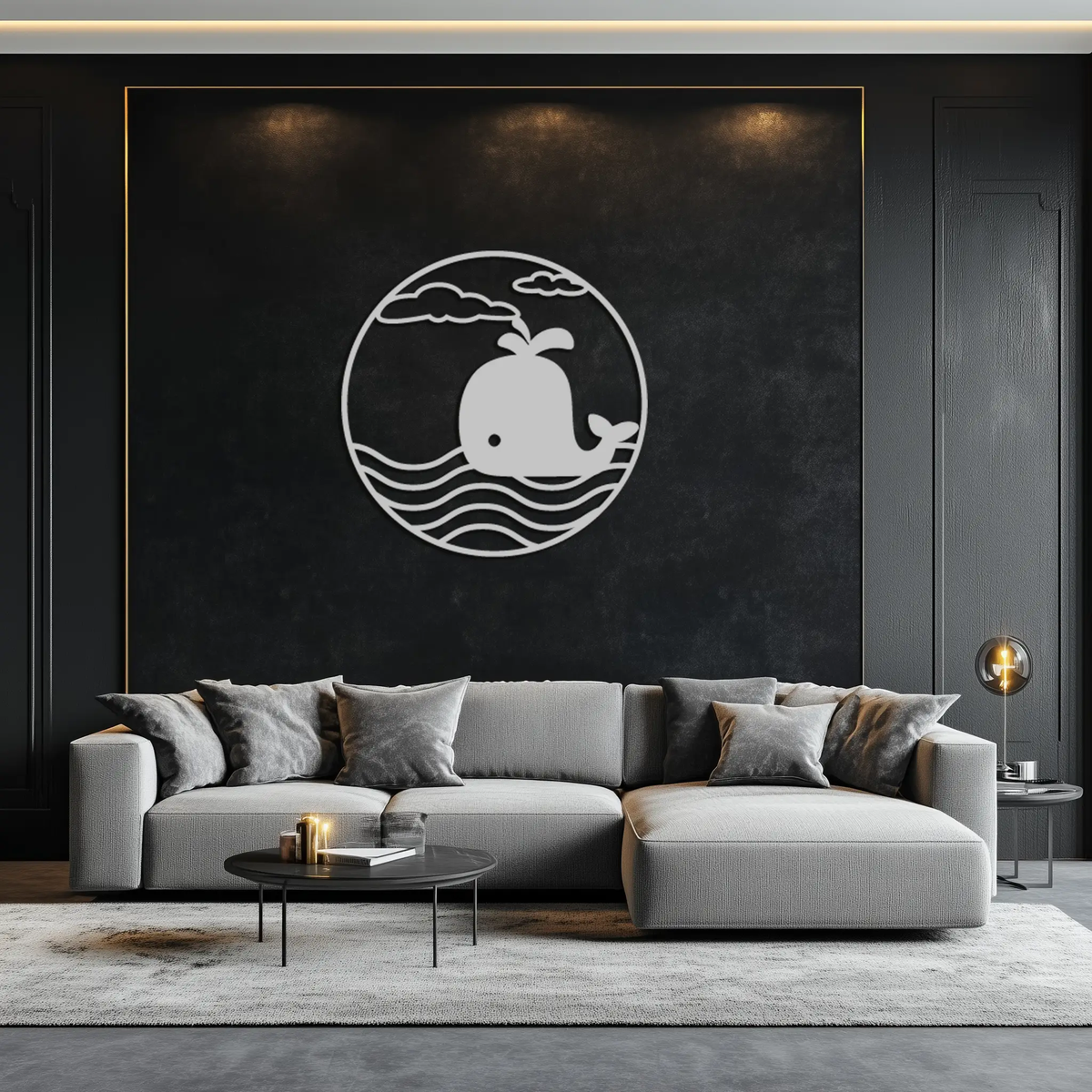 Cute Whale Ocean Scene Metal Wall Art – Playful Circular Black Steel Decor for Kids Rooms, Nurseries, and Coastal Interiors- KAF443 by Enova Art
