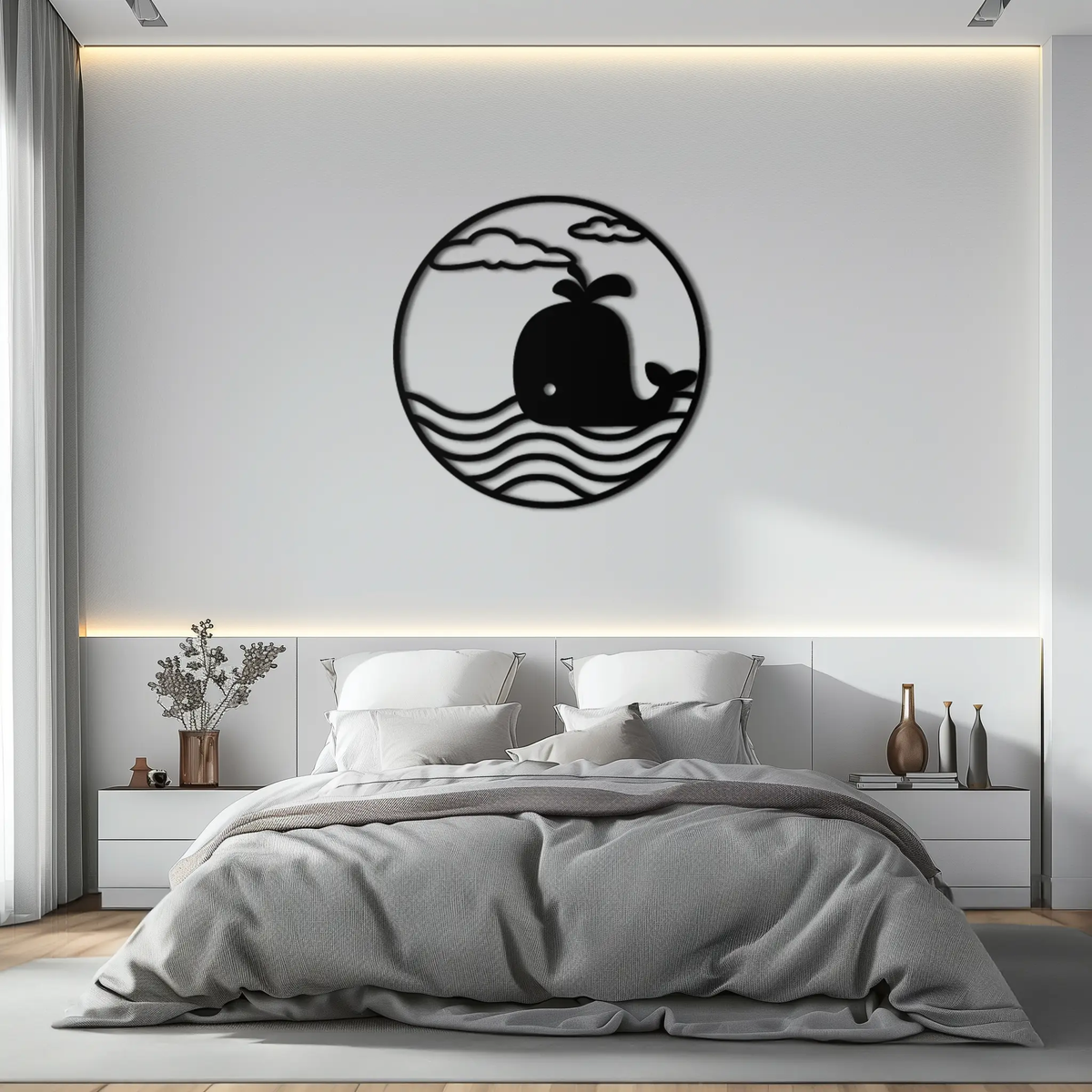 Cute Whale Ocean Scene Metal Wall Art – Playful Circular Black Steel Decor for Kids Rooms, Nurseries, and Coastal Interiors- KAF443 by Enova Art