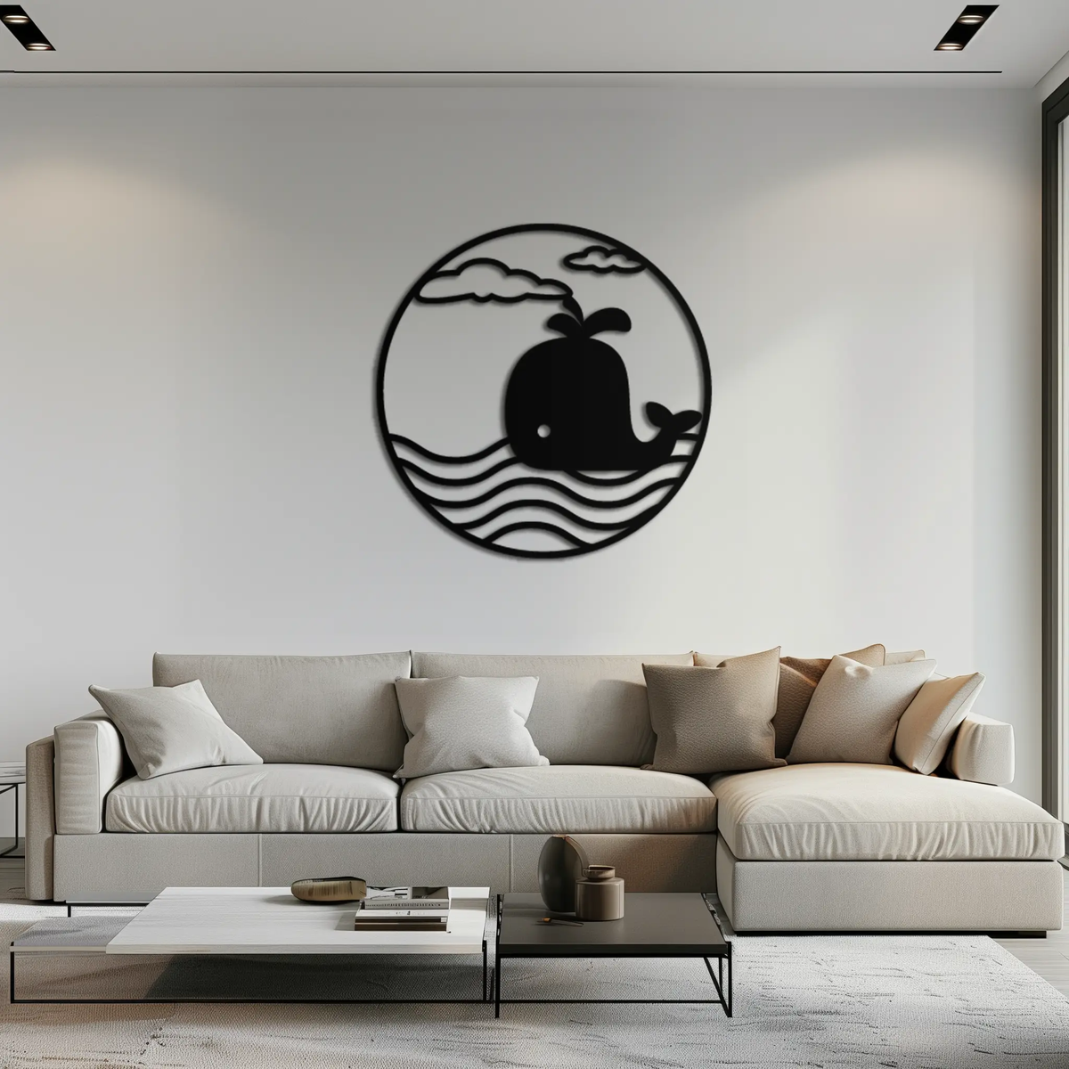 Cute Whale Ocean Scene Metal Wall Art – Playful Circular Black Steel Decor for Kids Rooms, Nurseries, and Coastal Interiors- KAF443 by Enova Art