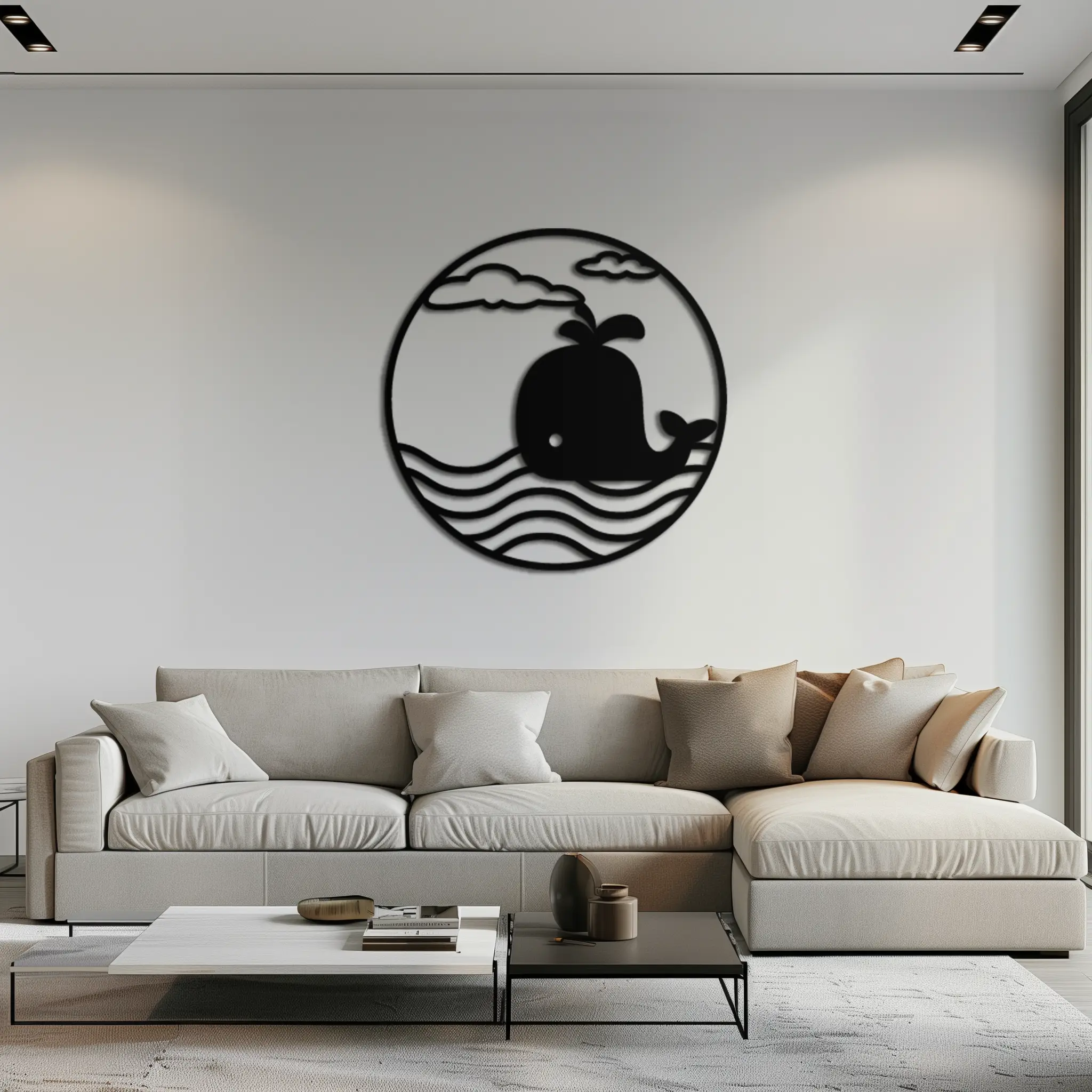 Cute Whale Ocean Scene Metal Wall Art – Playful Circular Black Steel Decor for Kids Rooms, Nurseries, and Coastal Interiors- KAF443 by Enova Art