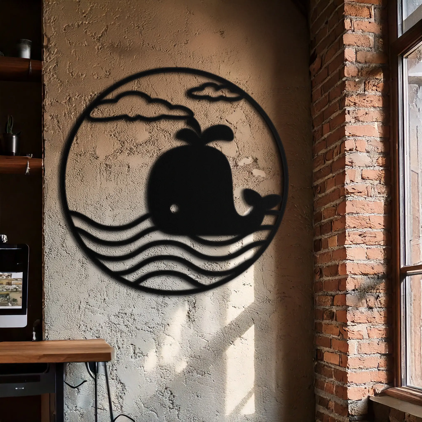 Cute Whale Ocean Scene Metal Wall Art – Playful Circular Black Steel Decor for Kids Rooms, Nurseries, and Coastal Interiors- KAF443 by Enova Art