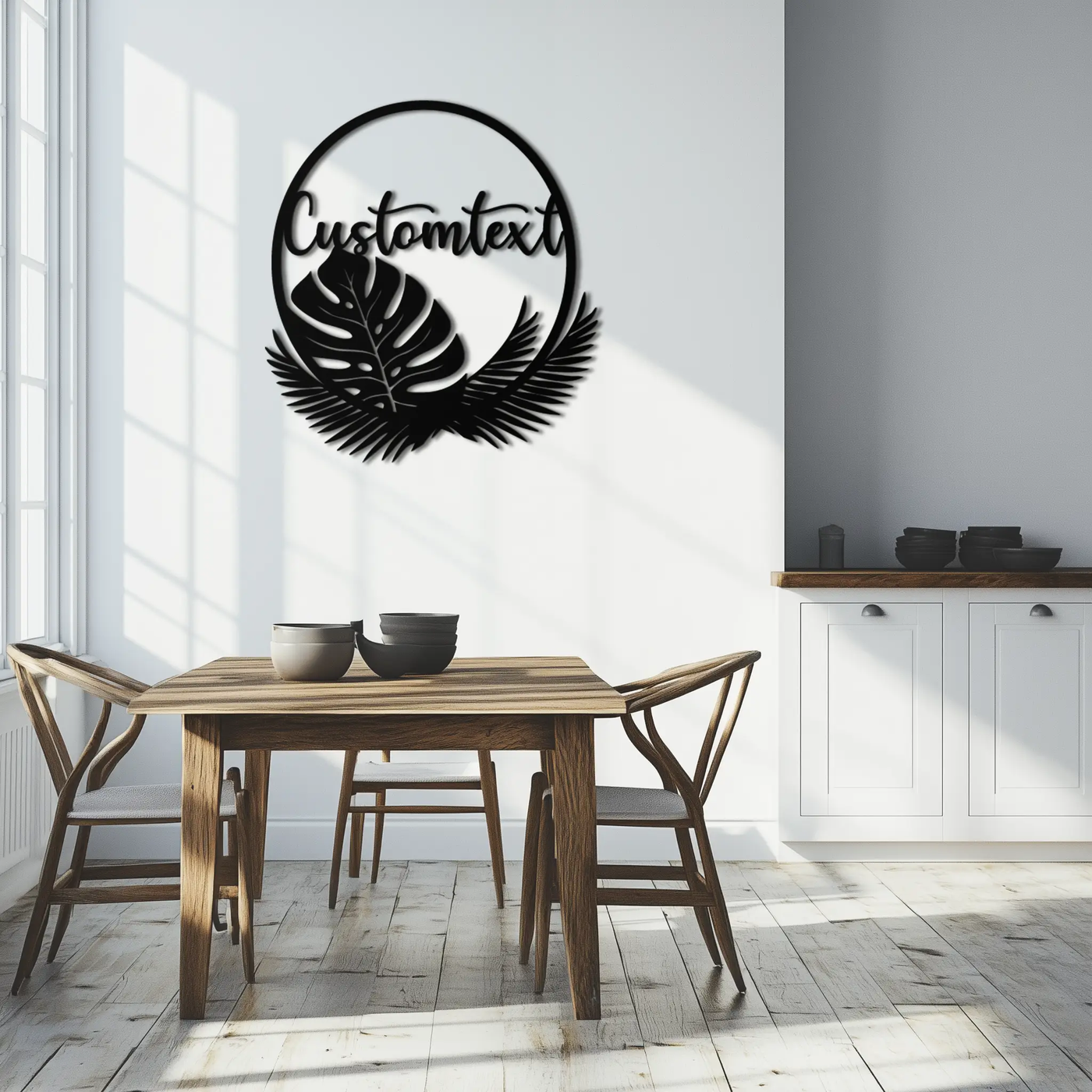 Personalized Tropical Leaves Metal Wall Art – Custom Text Circular Black Steel Decor for Modern Home and Event Spaces- KAF444 by Enova Art
