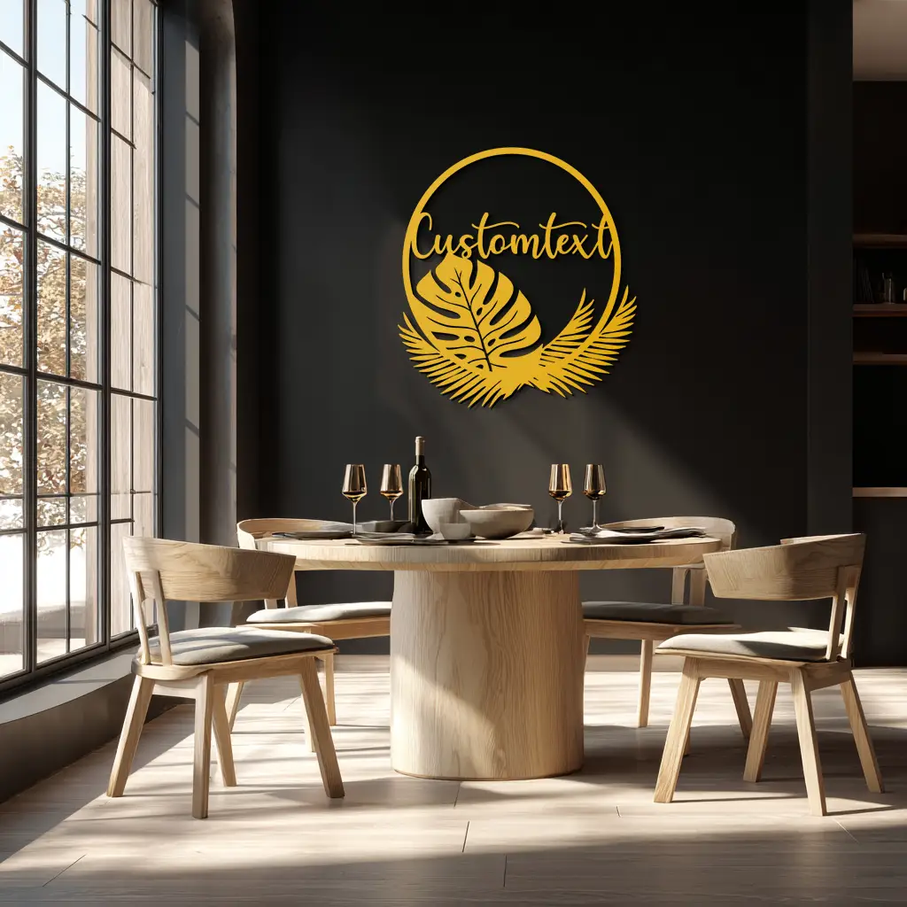 Personalized Tropical Leaves Metal Wall Art – Custom Text Circular Black Steel Decor for Modern Home and Event Spaces- KAF444 by Enova Art