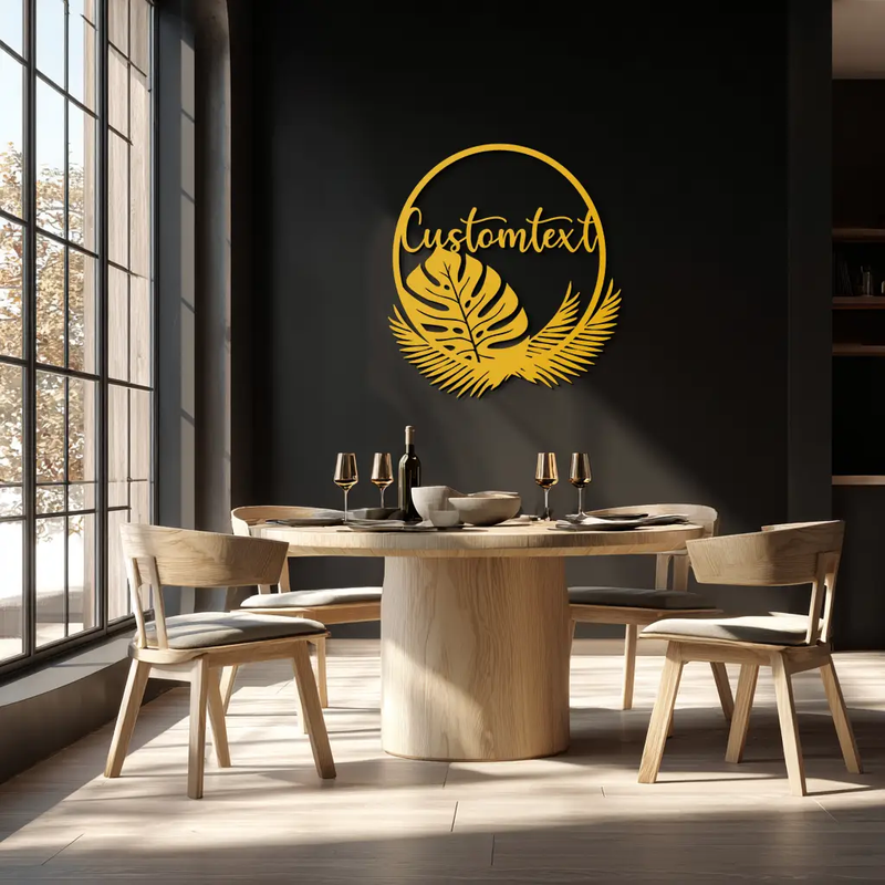 Personalized Tropical Leaves Metal Wall Art – Custom Text Circular Black Steel Decor for Modern Home and Event Spaces- KAF444 by Enova Art