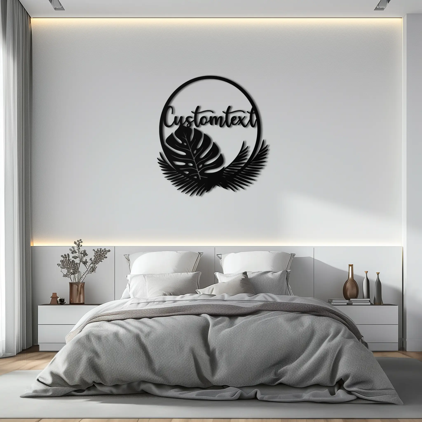 Personalized Tropical Leaves Metal Wall Art – Custom Text Circular Black Steel Decor for Modern Home and Event Spaces- KAF444 by Enova Art
