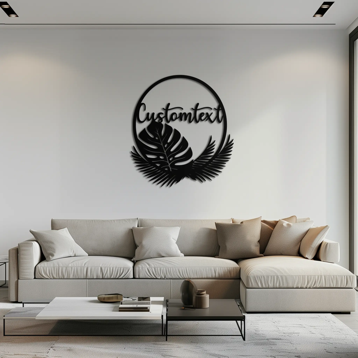 Personalized Tropical Leaves Metal Wall Art – Custom Text Circular Black Steel Decor for Modern Home and Event Spaces- KAF444 by Enova Art