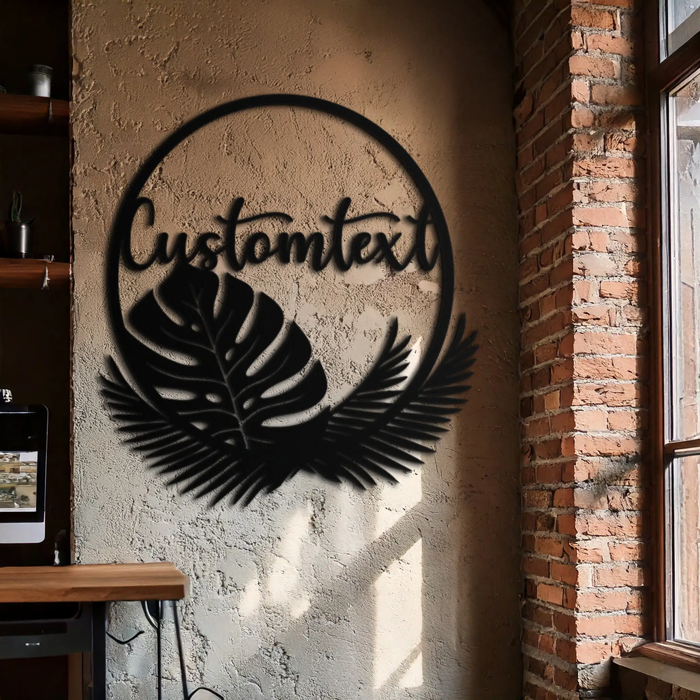 Personalized Tropical Leaves Metal Wall Art – Custom Text Circular Black Steel Decor for Modern Home and Event Spaces- KAF444 by Enova Art