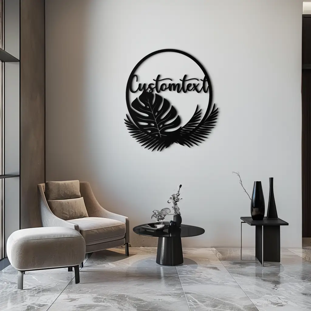Personalized Tropical Leaves Metal Wall Art – Custom Text Circular Black Steel Decor for Modern Home and Event Spaces- KAF444 by Enova Art