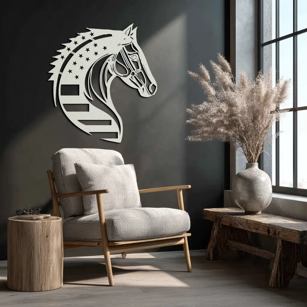 American Flag Horse Head Metal Wall Art – Patriotic Black Steel Equine Decor for Home, Barn and Ranch Interiors- KAF445 by Enova Art