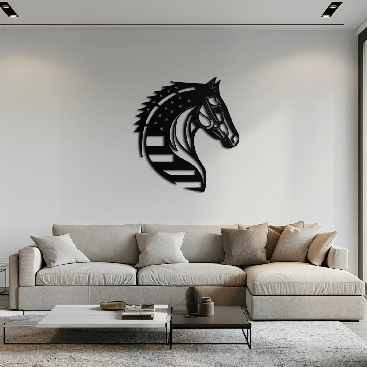 American Flag Horse Head Metal Wall Art – Patriotic Black Steel Equine Decor for Home, Barn and Ranch Interiors- KAF445 by Enova Art