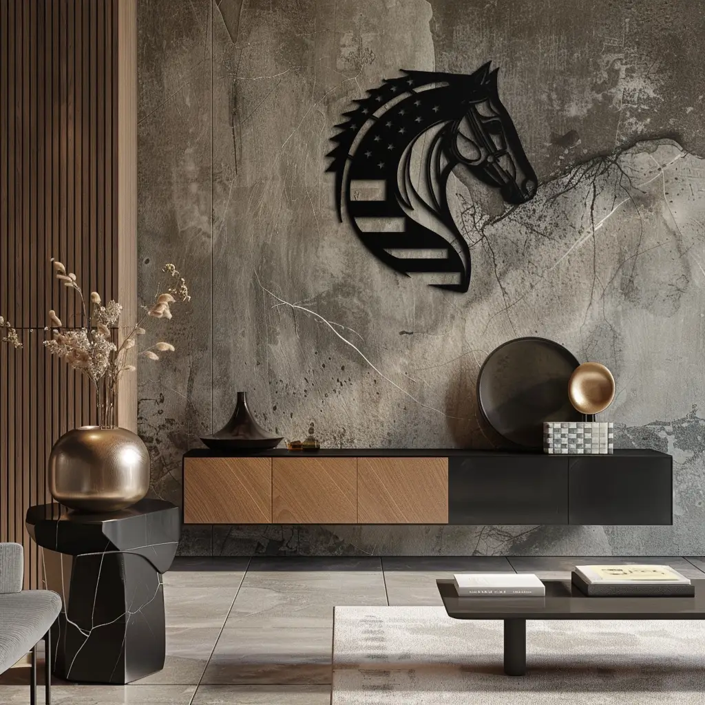American Flag Horse Head Metal Wall Art – Patriotic Black Steel Equine Decor for Home, Barn and Ranch Interiors- KAF445 by Enova Art