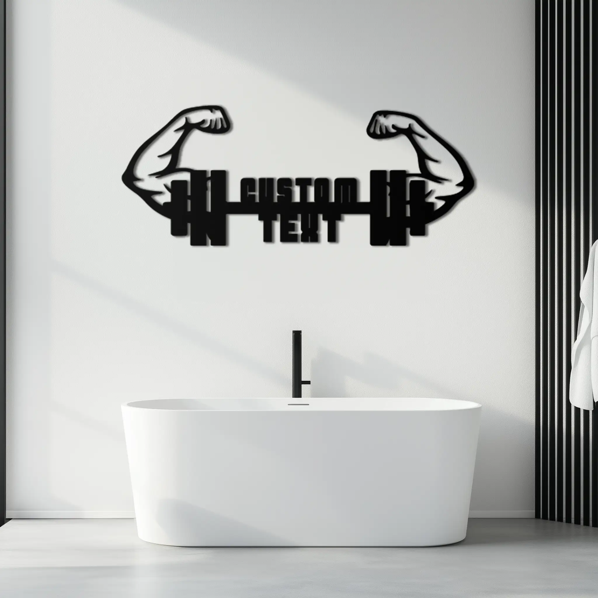 Personalized Fitness Barbell Metal Wall Art – Custom Text Muscular Arms Black Steel Decor for Gym and Workout Spaces- KAF448 by Enova Art