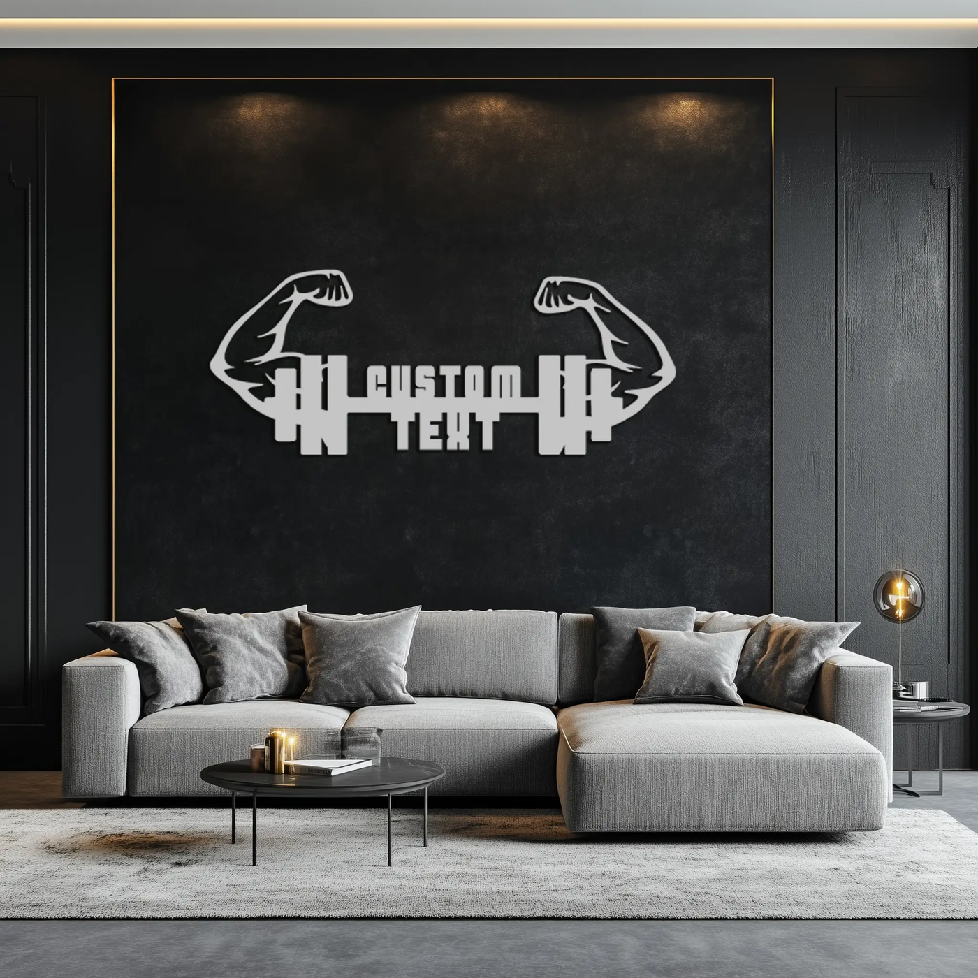 Personalized Fitness Barbell Metal Wall Art – Custom Text Muscular Arms Black Steel Decor for Gym and Workout Spaces- KAF448 by Enova Art