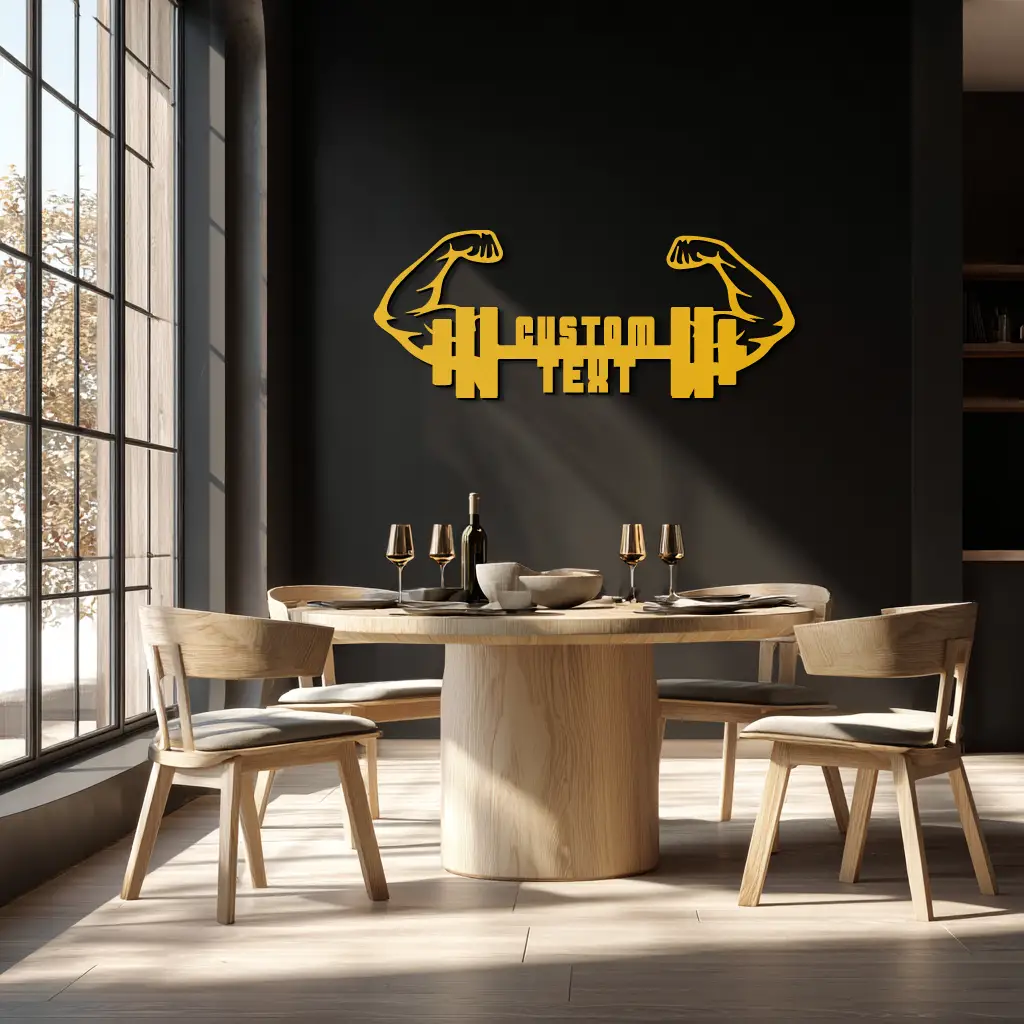Personalized Fitness Barbell Metal Wall Art – Custom Text Muscular Arms Black Steel Decor for Gym and Workout Spaces- KAF448 by Enova Art