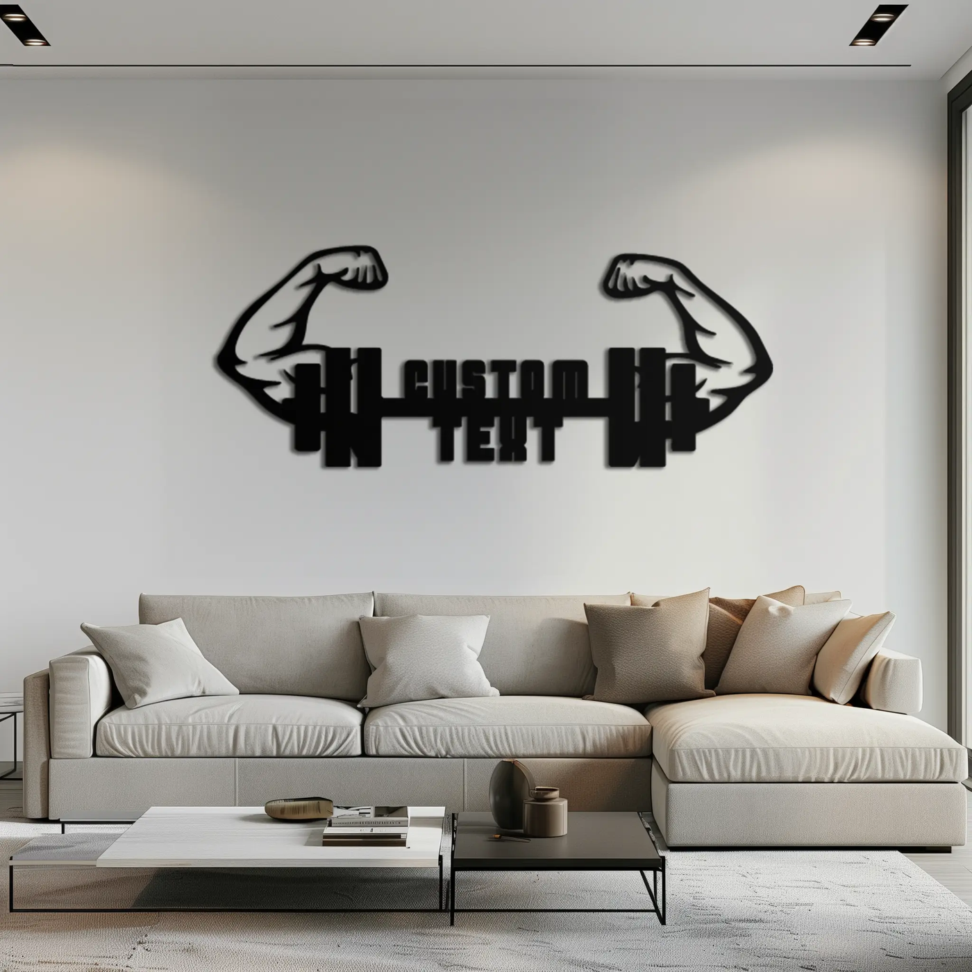 Personalized Fitness Barbell Metal Wall Art – Custom Text Muscular Arms Black Steel Decor for Gym and Workout Spaces- KAF448 by Enova Art