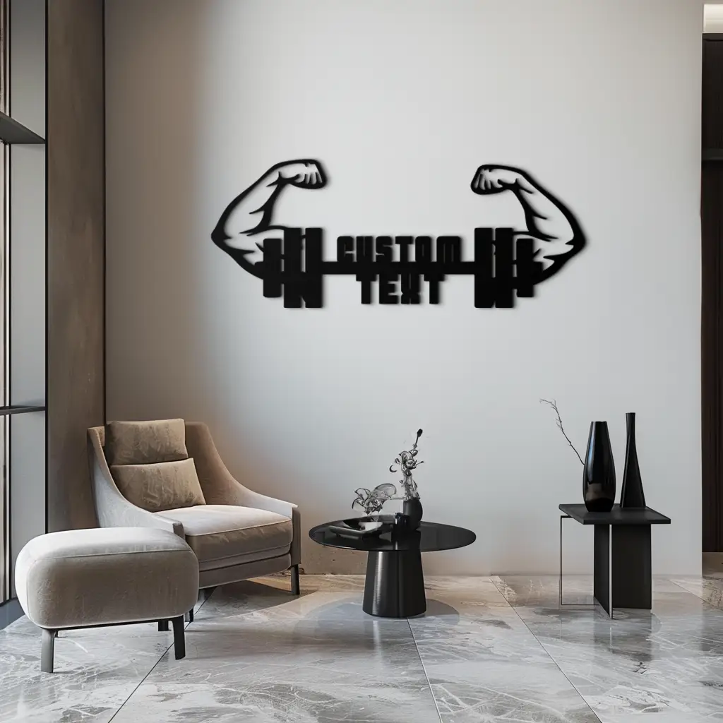 Personalized Fitness Barbell Metal Wall Art – Custom Text Muscular Arms Black Steel Decor for Gym and Workout Spaces- KAF448 by Enova Art