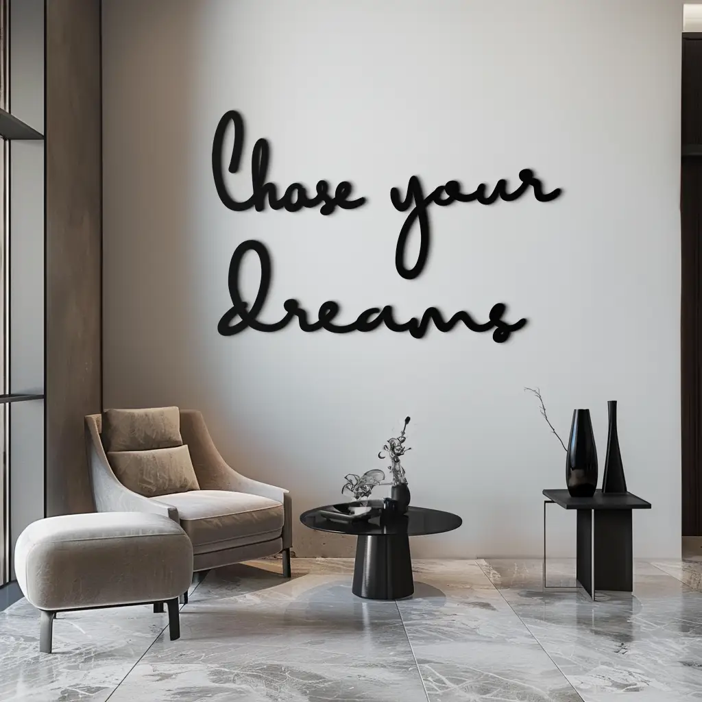 Chase Your Dreams Quote Metal Wall Art – Inspirational Word Sign in Black for Home and Office Decor- KAF454 by Enova Art
