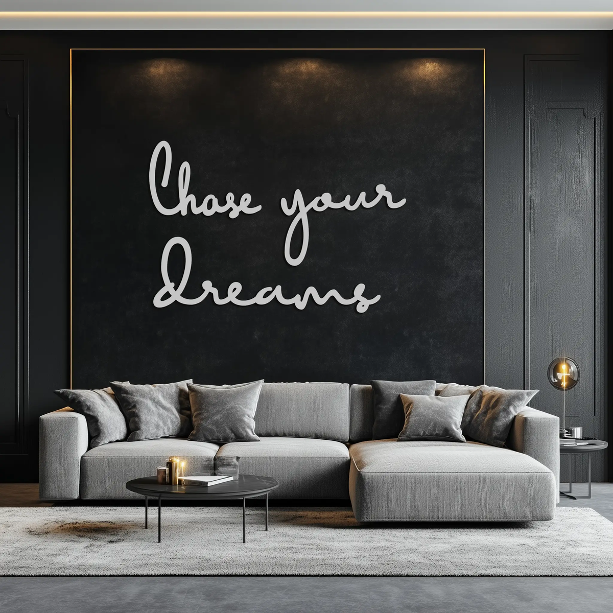 Chase Your Dreams Quote Metal Wall Art – Inspirational Word Sign in Black for Home and Office Decor- KAF454 by Enova Art