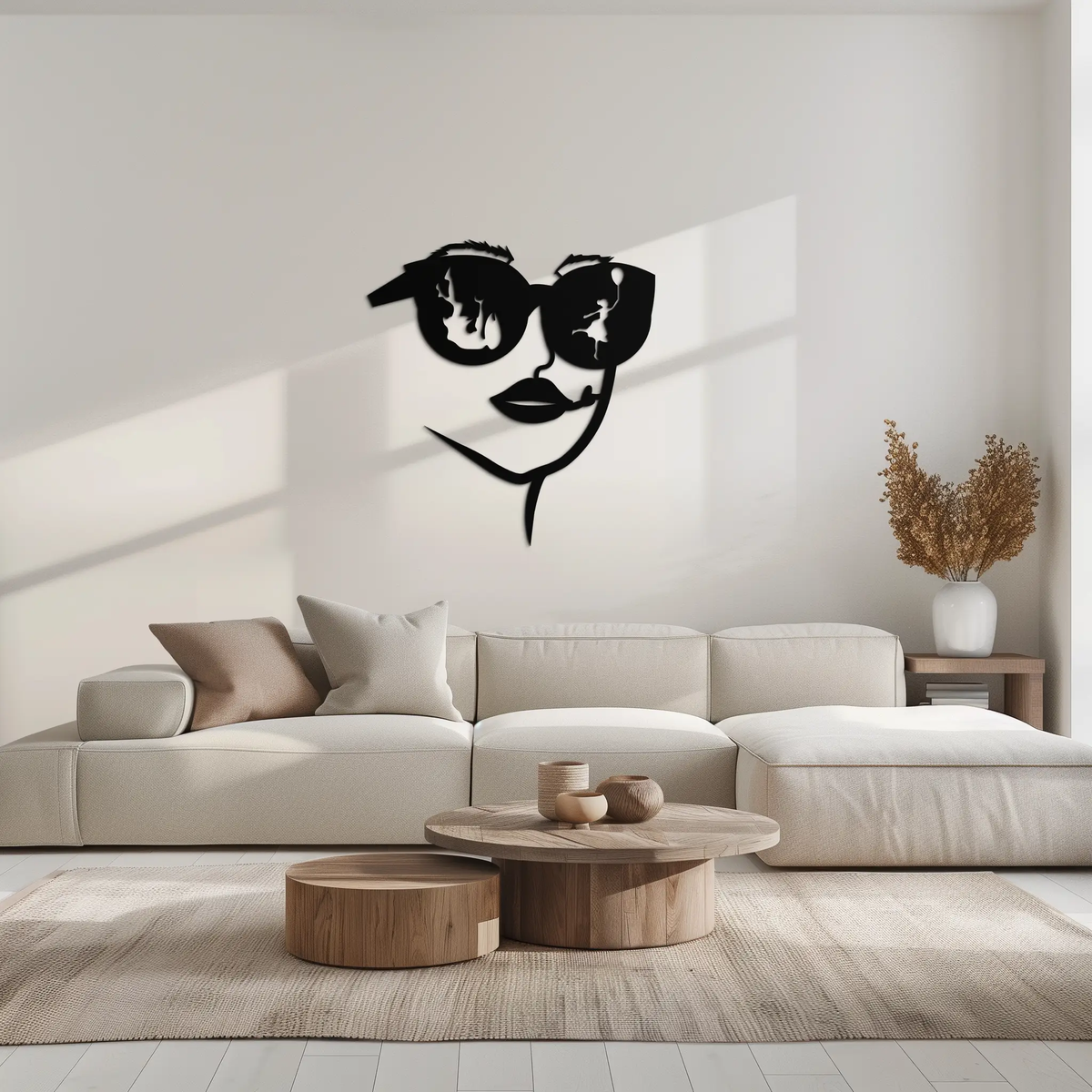 Modern Woman Face with Sunglasses Metal Wall Art – Abstract Reflective Scene Black Steel Decor for Contemporary Interiors- KAF460 by Enova Art