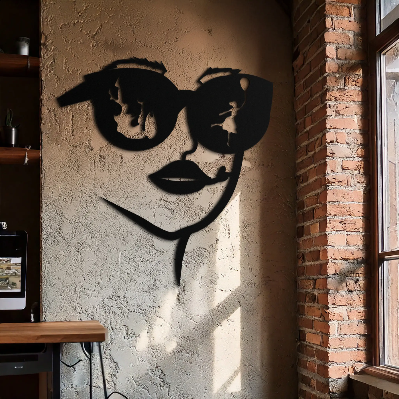 Modern Woman Face with Sunglasses Metal Wall Art – Abstract Reflective Scene Black Steel Decor for Contemporary Interiors- KAF460 by Enova Art