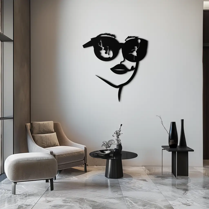 Modern Woman Face with Sunglasses Metal Wall Art – Abstract Reflective Scene Black Steel Decor for Contemporary Interiors- KAF460 by Enova Art