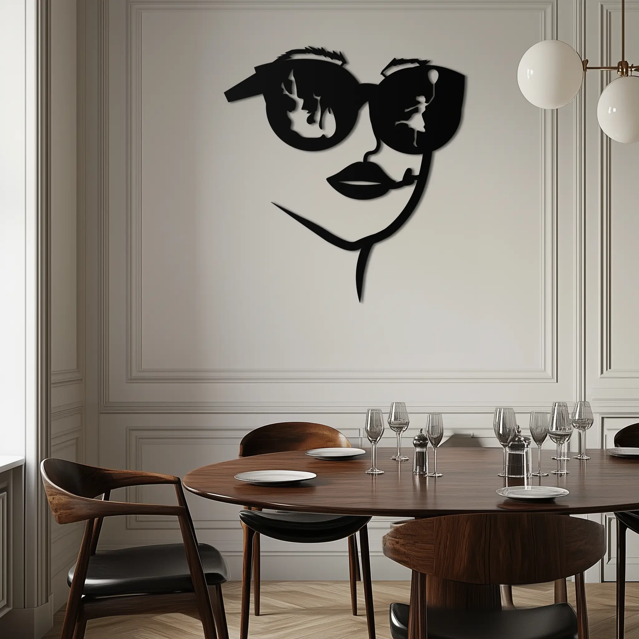 Modern Woman Face with Sunglasses Metal Wall Art – Abstract Reflective Scene Black Steel Decor for Contemporary Interiors- KAF460 by Enova Art