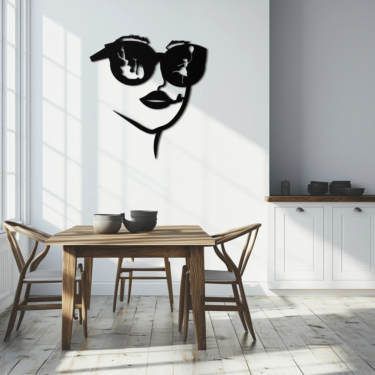 Modern Woman Face with Sunglasses Metal Wall Art – Abstract Reflective Scene Black Steel Decor for Contemporary Interiors- KAF460 by Enova Art