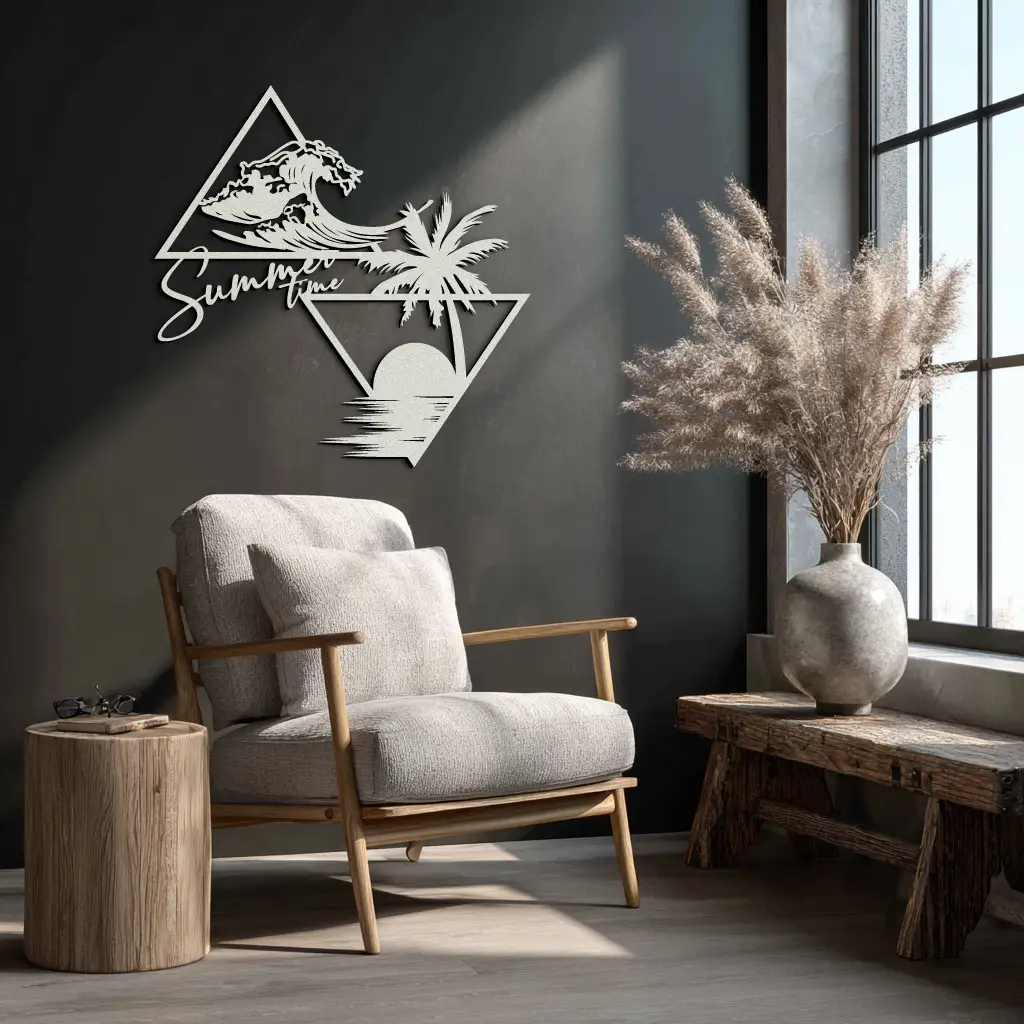 Summer Time Beach Scene Metal Wall Art – Tropical Ocean Waves and Palm Tree Black Steel Decor for Coastal Interiors- KAF461 by Enova Art