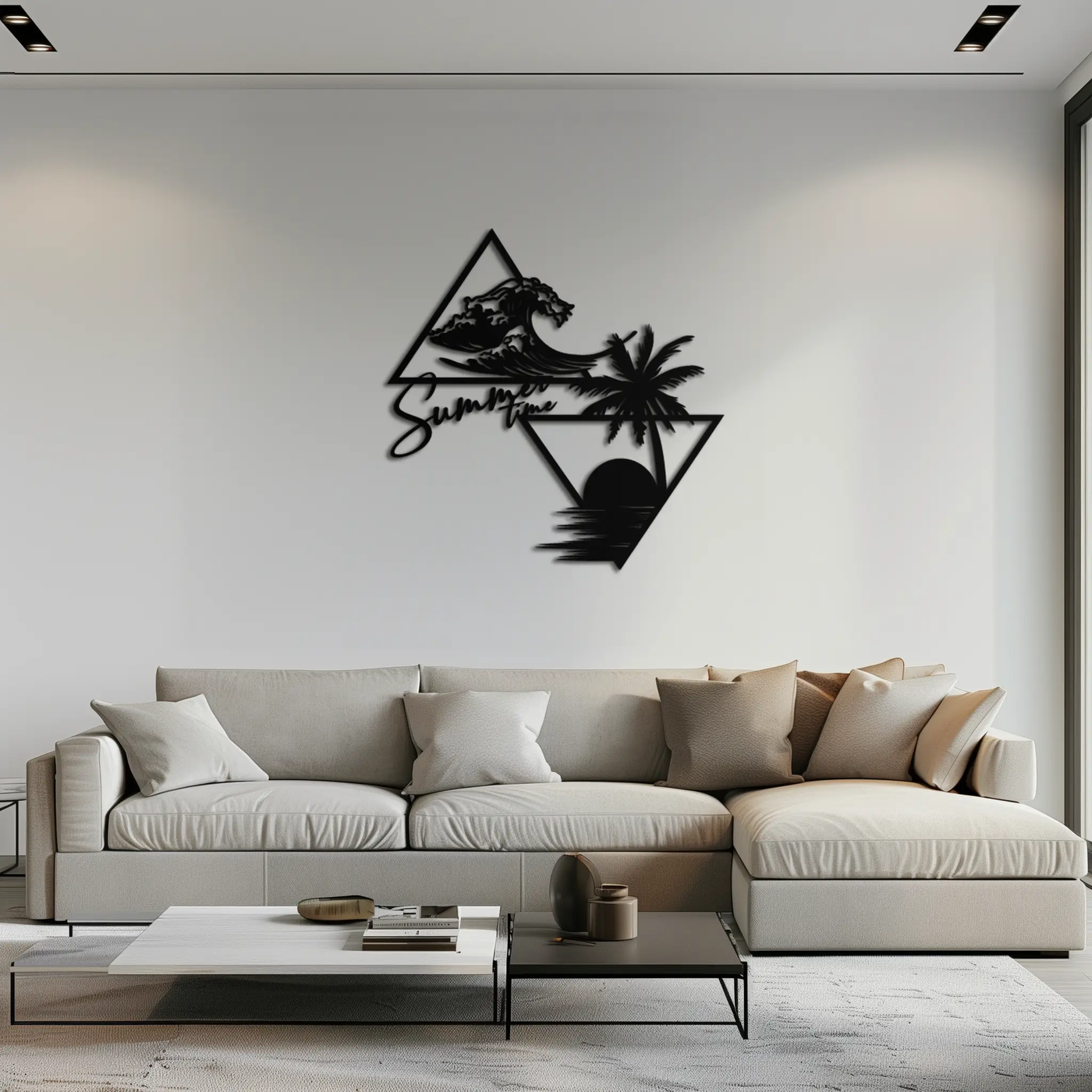 Summer Time Beach Scene Metal Wall Art – Tropical Ocean Waves and Palm Tree Black Steel Decor for Coastal Interiors- KAF461 by Enova Art